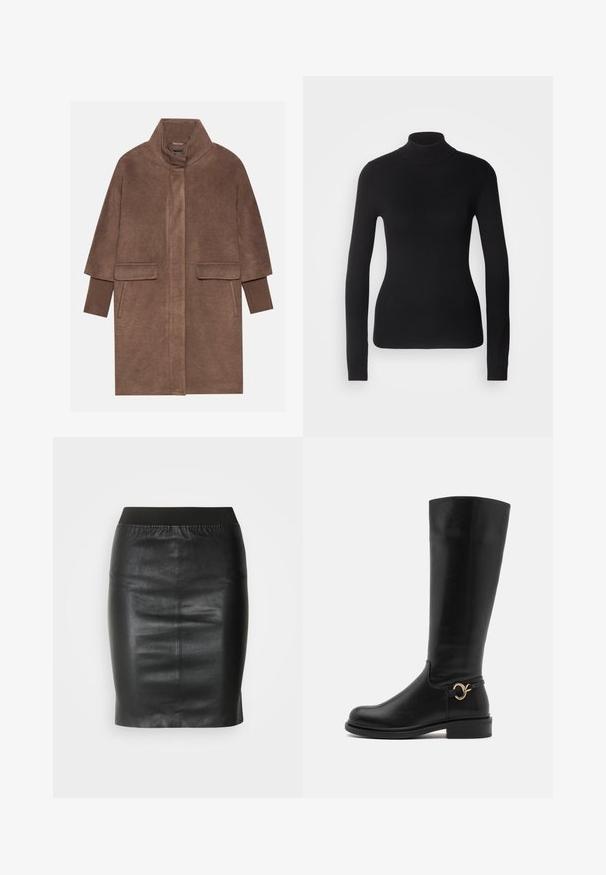Manteau en laine marron avec un col haut, deux poches avant et des poignets côtelés. Le tissu a une texture douce et une finition lisse.; Pull à col roulé noir en maille légère. Il possède des manches longues, une coupe ajustée et une texture côtelée douce.; Jupe crayon noire en cuir lisse, dotée d'une taille élastique pour une silhouette ajustée et un design minimaliste.; Anna Field Wide Fit by Zalando Bottes - black