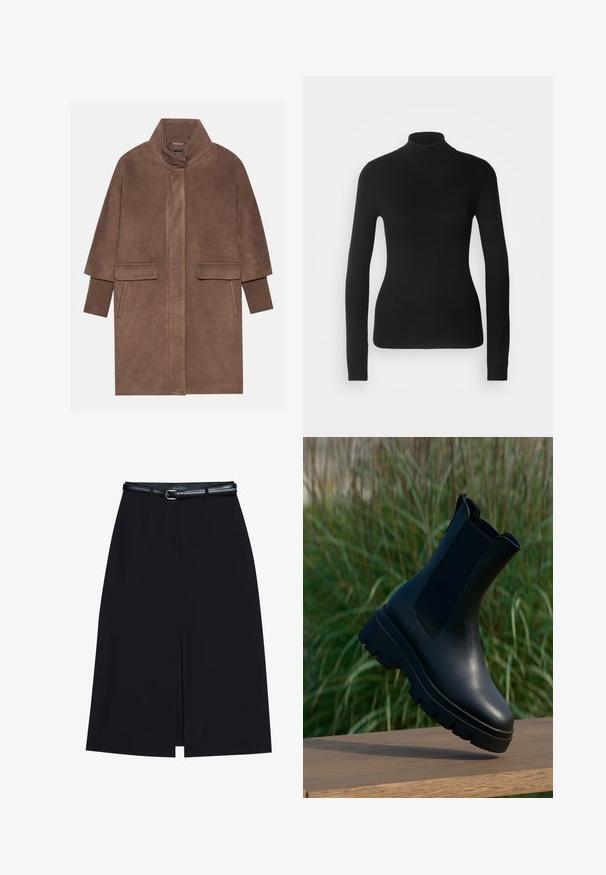 Manteau en laine marron avec un col haut, deux poches avant et des poignets côtelés. Le tissu a une texture douce et une finition lisse.; Pull à col roulé noir en maille légère. Il possède des manches longues, une coupe ajustée et une texture côtelée douce.; Jupe noire à mi-cuisse avec une fente frontale, fabriquée en tissu lisse. Comprend une fine ceinture noire avec une boucle en argent et des passants.; Bottes chevilles en cuir noir au design épuré, bout arrondi, panneaux latéraux élastiques et semelles en caoutchouc épaisses et texturées.