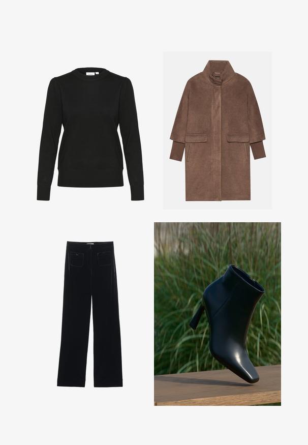 Brun uldfrakke med høj krave, to forlommer og ribbede manchetter. Stoffet har en blød tekstur og en glat overflade.; Sort strikket sweater med lange ærmer, rund halsudskæring og ribbestrikkede manchetter og kant. Har diskrete puf ærmer for ekstra tekstur.; Sorte velour bredbukser med to baglommer og en glat tekstur, der har en lige skæring og syede afslutninger ved anklerne.; Sort læder ankelstøvle med spids tå og stilettohæl; glat, blank overflade; har en sidelukning med lynlås. Baggrunden antyder grønne områder.