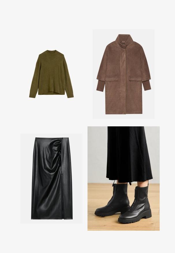 Brun uldfrakke med høj krave, to forlommer og ribbede manchetter. Stoffet har en blød tekstur og en glat overflade.; Olivengrøn strikketrøje med ribbet rund hals, drop shoulder-ærmer og en løs pasform. Kantene er lidt længere bagtil.; Sort læderskirt med en glat overflade, der har en indsamlet sektion på den ene side og en skråning på siden for ekstra detaljer.; Sorte læder ankelstøvler med en kraftig platformsål og en frontlynlås. Glat tekstur med et minimalistisk design.
