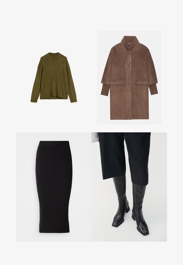 Brun uldfrakke med høj krave, to forlommer og ribbede manchetter. Stoffet har en blød tekstur og en glat overflade.; Olivengrøn strikketrøje med ribbet rund hals, drop shoulder-ærmer og en løs pasform. Kantene er lidt længere bagtil.; Sort ribstrikket blyantskirt med elastisk taljebånd, der har en kropsnær silhuet og lodrette ribdetaljer over det hele.; Sorte læder støvler til knæene med firkantet tå og blokhælc. Har en sidezipper og glat tekstur.