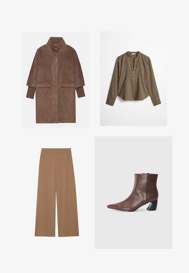 Brun uldfrakke med høj krave, to forlommer og ribbede manchetter. Stoffet har en blød tekstur og en glat overflade.; Brun langærmet casual bluse med mandarin-krave, frontplisse og let buet kant, lagt fladt på en hvid baggrund.; Vide benbukser i en ensfarvet brun farve, lavet af et tekstureret stof; har høj talje og struktureret design med bæltestropper.; RAID DEBRA - Ankelstøvler - brown
