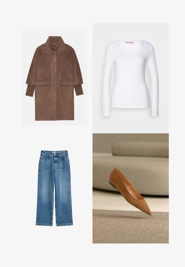 Brauner Wollmantel mit hohem Kragen, zwei Fronttaschen und gerippten Bündchen. Der Stoff hat eine weiche Textur und eine glatte Oberfläche.; Langärmliges, weißes Baumwoll-T-Shirt mit einem U-Ausschnitt und einer figurbetonten Passform, glatter Textur und ohne Verzierung.; Hochtaillierte, weit geschnittene blaue Jeans aus Denim mit aufgesetzten Vordertaschen, Gürtelschlaufen und einem Frontknopf sowie Reißverschluss.; Brauner spitzer flacher Schuh schwebt über einem strukturierten beigen Teppich mit einem hellbeigen, geschwungenen Sofa im Hintergrund.