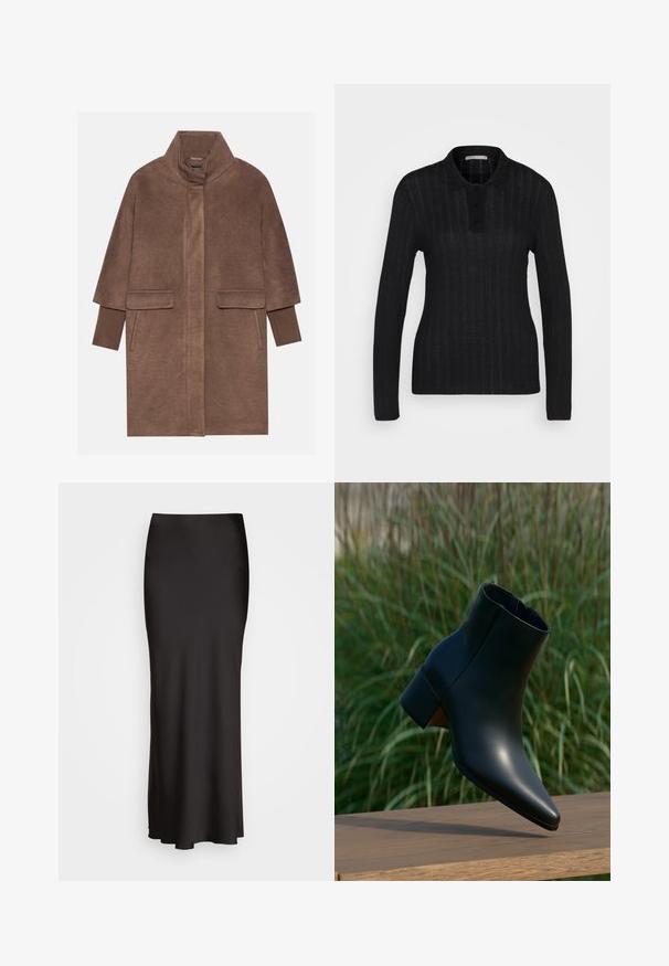 Manteau en laine marron avec un col haut, deux poches avant et des poignets côtelés. Le tissu a une texture douce et une finition lisse.; Anna Field by Zalando Polo - black; Jupe en satin noire, longue jusqu'au sol, avec une texture lisse, une taille ajustée et une silhouette en A, sans ornements ni motifs visibles.; Bottine noire en cuir avec talon bloc, bout pointu, présentée au-dessus d'une surface en bois avec un fond flou d'herbe verte.