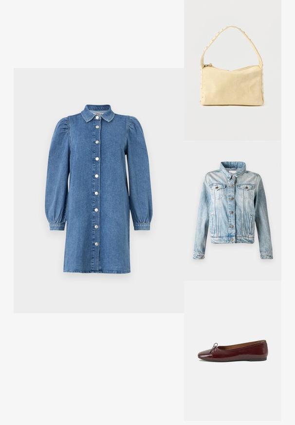 Heled sinine teksajakk krae, nööpidega ees, kaks rinna-taskut ja küljetaskud. Omab pleekinud viimistlust ja kontrastset õmblust.; Denimkleit pikka puffseelikutega, nupuväärisega, kraega ja sirge lõikega. Sinine kangas, millel on sile tekstuur.; Burgundi patendnahk kingad balletitüüpi, ümmarguse ninaosa, ees väike paelaaktsent ja madal must kummist tald. Sile tekstuur.; Väike beež nahast käekott ühe rihmaga ja hõbedaste naeltega piki äärte ja rihma, esitatud ühtse taustaga.
