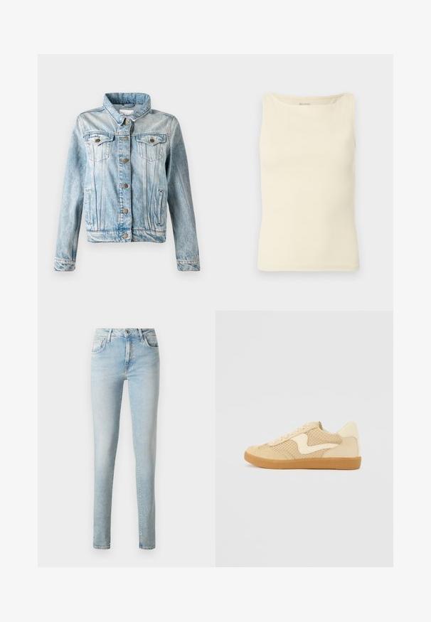 Chaqueta de mezclilla azul claro con cuello, cierre de botones, dos bolsillos en el pecho y bolsillos laterales. Presenta un acabado desgastado y costuras en contraste.; Camiseta de tirantes en color crema claro, hecha de tela acanalada, con escote cuadrado y diseño sin mangas. Sin logotipos ni patrones visibles.; Jeans de mezclilla azul claro con un corte ajustado, diseño de cinco bolsillos, lazos para cinturón clásicos y cierre con cremallera y un solo botón.; Zapatillas beige con materiales de ante y malla, forma redondeada, cuello acolchado prominente y suela de goma. Presenta un diseño en forma de ola como acento.