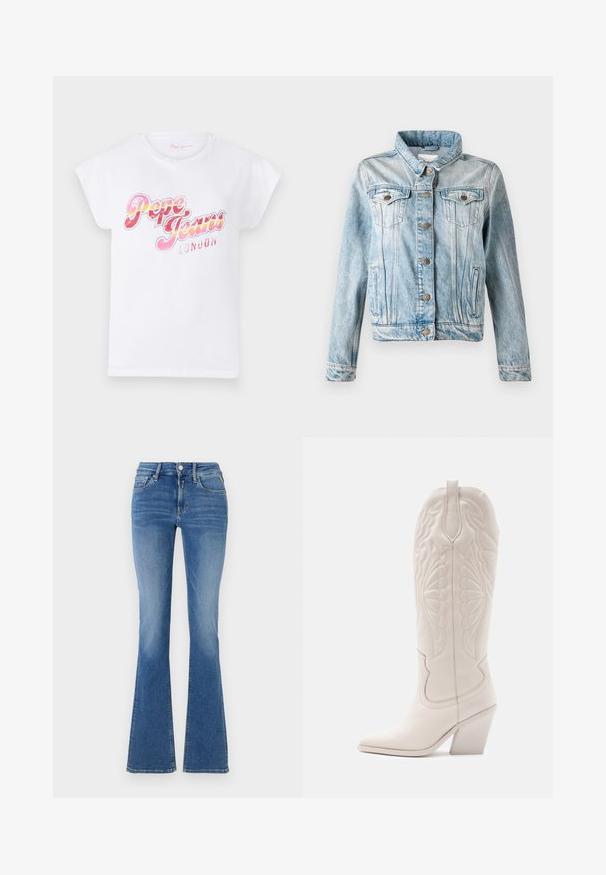 Chaqueta de mezclilla azul claro con cuello, cierre de botones, dos bolsillos en el pecho y bolsillos laterales. Presenta un acabado desgastado y costuras en contraste.; Camiseta de algodón blanca con mangas cortas enrolladas que presenta un estampado gráfico multicolor de "Pepe Jeans London" en tonos rosa y naranja.; Vaqueros de mezclilla azul de tiro alto con bolsillos frontales, cierre de botón y cremallera, y piernas acampanadas.; Bota vaquera de cuero blanco con punta afilada y tacón bloqueado. Presenta patrones de costura intrincados en el caña y una textura suave.