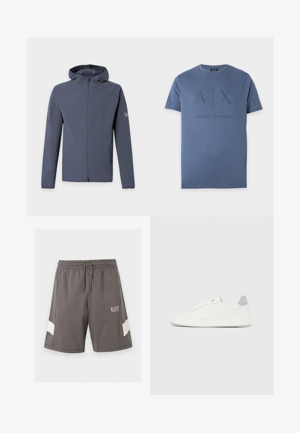 Sweat à capuche zippé gris foncé avec manches longues et petit logo sur le haut du bras gauche, présenté sur un fond clair uni.; T-shirt bleu à manches courtes et col rond avec A|X et Armani Exchange imprimés en bleu foncé sur le devant.; Shorts gris à taille élastique avec cordon, poches latérales, bandes blanches sur les jambes et logo blanc EA7 Emporio Armani sur la cuisse gauche.; Baskets basses blanches avec un onglet de talon gris, des lacets blancs et une semelle texturée, présentées sur un fond uni clair.