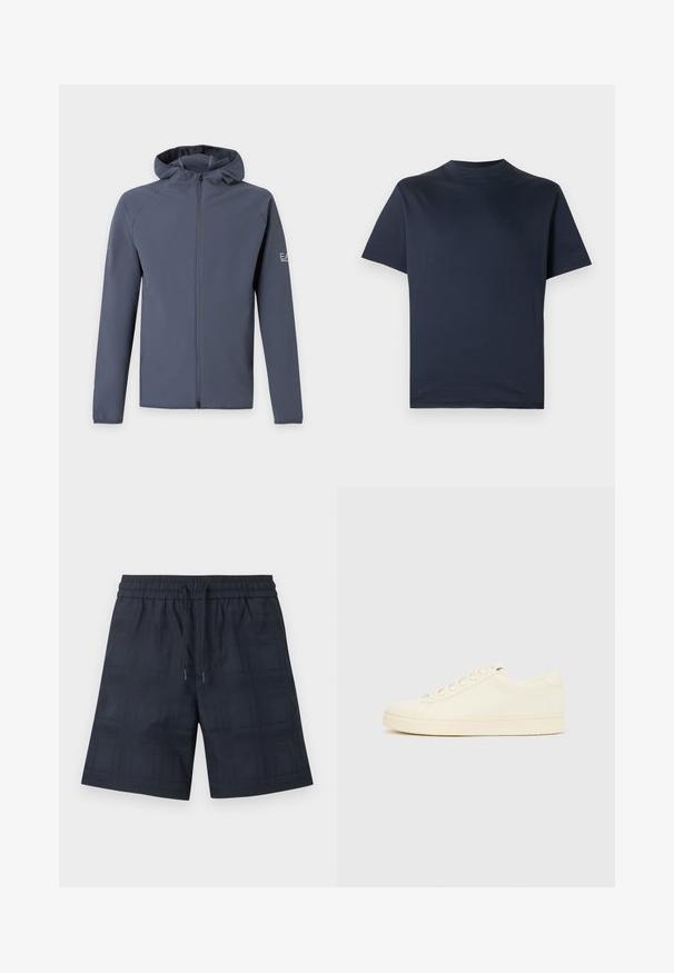 Sweat à capuche zippé gris foncé avec manches longues et petit logo sur le haut du bras gauche, présenté sur un fond clair uni.; T-shirt bleu marine à manches courtes avec col rond, design simple avec un petit logo discret sur le côté gauche de la poitrine, présenté sur fond blanc.; Shorts homme bleu marine avec taille élastique et cordon, avec un motif à carreaux discret.; Baskets couleur crème avec une tige en cuir lisse, bout arrondi, laçage à l'avant et semelle en caoutchouc texturée. Design minimaliste, sans logo.