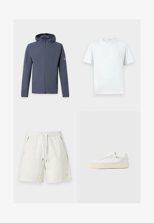Sweat à capuche zippé gris foncé avec manches longues et petit logo sur le haut du bras gauche, présenté sur un fond clair uni.; T-shirt blanc uni à manches courtes avec col rond, orné d'un logo discret sur la poitrine et d'une étiquette de marque visible à l'intérieur du col.; Shorts blancs à taille élastique avec cordon, poches latérales et petit logo brodé près de l'ourlet gauche.; Baskets blanches avec dessus en daim et cuir texturé. Caractérisées par un bout arrondi, une fermeture à lacets et une semelle en caoutchouc beige contrastante.