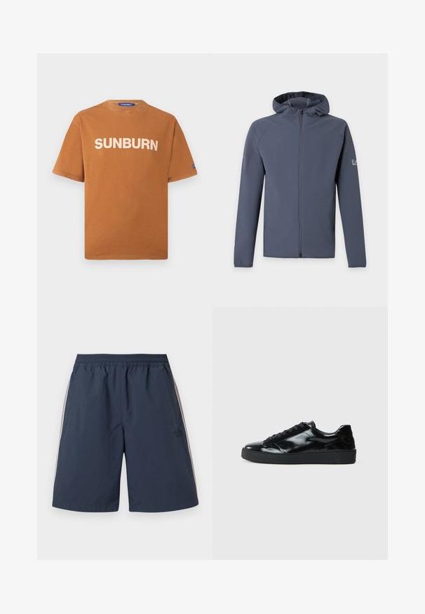 Sweat à capuche zippé gris foncé avec manches longues et petit logo sur le haut du bras gauche, présenté sur un fond clair uni.; T-shirt marron à manches courtes avec texte blanc "SUNBURN" sur le devant et petite étiquette bleue sur la manche gauche, affiché sur un fond uni.; Shorts de sport bleu marine avec taille élastique, poches latérales et fines rayures blanches le long des côtés extérieurs.; Baskets en cuir verni noir avec un bout arrondi, un laçage, une semelle en caoutchouc texturé et une finition lisse.
