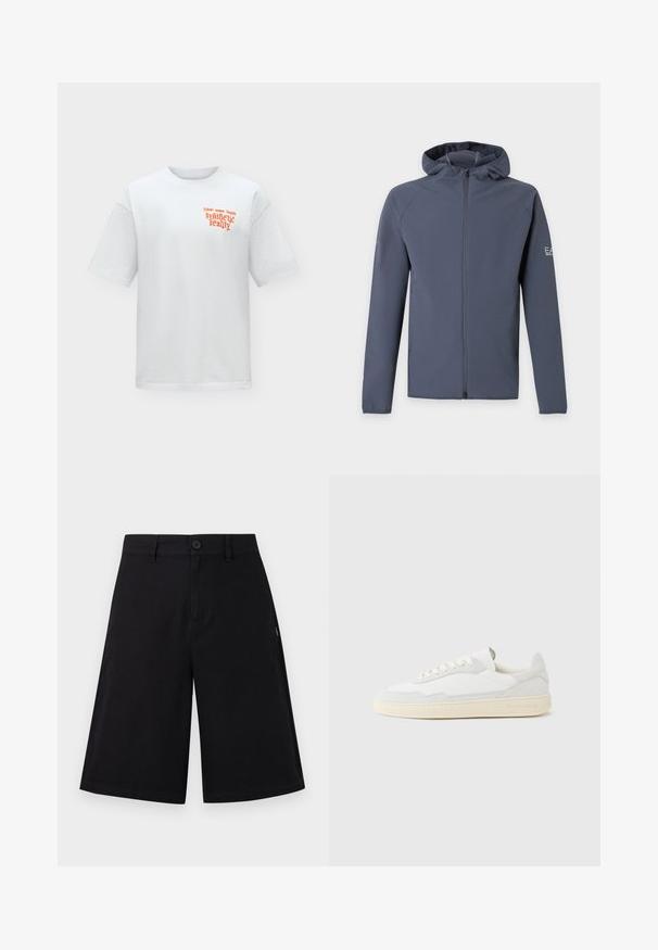 Sweat à capuche zippé gris foncé avec manches longues et petit logo sur le haut du bras gauche, présenté sur un fond clair uni.; T-shirt blanc à manches courtes avec col rond et petit texte orange sur le côté gauche de la poitrine indiquant "synthetic reality" et des mots plus petits au-dessus.; Shorts noirs mi-cuisses avec fermeture à bouton et à glissière, passants pour ceinture, et une coupe droite et ample, présentés sur un fond uni.; Baskets blanches avec dessus en daim et cuir texturé. Caractérisées par un bout arrondi, une fermeture à lacets et une semelle en caoutchouc beige contrastante.