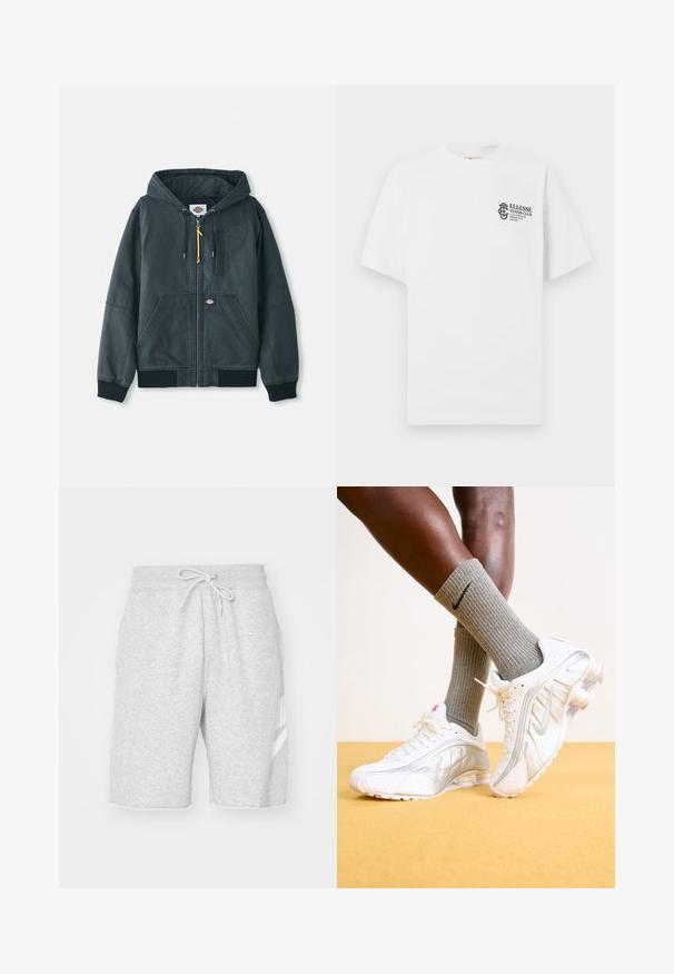 Chaqueta con capucha negra con cremallera, hecha de material de lienzo. Presenta puños acanalados, dos bolsillos frontales y sutiles detalles de costura. Tirador de cremallera de acento.; Camiseta blanca de manga corta con cuello redondo y pequeño logotipo negro de Ellesse Tennis Club y texto en el lado izquierdo del pecho.; Pantalones cortos de chándal gris para hombre, hechos de suave algodón, que cuentan con una cintura elástica con cordón, bolsillos laterales y un detalle de logo blanco.; Zapatillas Nike en blanco con detalles plateados, con paneles texturizados y perforaciones. Combinadas con calcetines grises acanalados, sobre un fondo amarillo.