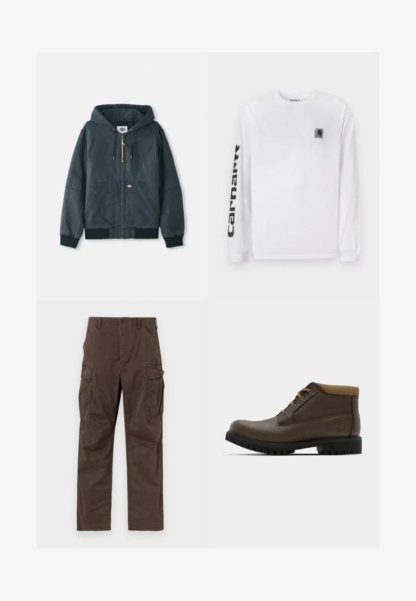 Zwarte opvouwbare hoodie-jack van canvasmateriaal. Voorzien van geribde manchetten, twee voorzakken en subtiele stiksels. Accent ritslip.; Witte lange mouwen t-shirt van katoen, met een kleine zwarte logopatch op de borst en gedurfde zwarte tekst langs de linker mouw.; Bruine cargobroek met rechte pijpen, klepzakken aan de zijkant, schuine voorzakken, riemlussen en knoopsluiting.; Bruine leren enkellaarzen met een gestructureerde afwerking, tan kleurige stoffen boord, zwarte rubberen zool en bruine veters. Timberland-logo ingedrukt op de zijkant.