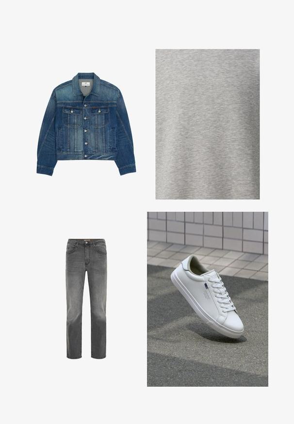 Veste en denim bleu avec fermeture par boutons, deux poches poitrine à rabat avec boutons, poches latérales et col pointu.; T-shirt gris clair en tissu doux et texturé avec un léger motif chiné. Design décontracté avec des manches courtes et un col rond.; Jean droit pour homme en denim noir délavé, avec fermeture à bouton et à zip, poches avant et arrière, et passants de ceinture.; Baskets blanches en cuir avec une finition lisse, bout rond, lacets plats et semelle en caoutchouc texturé ; présente un petit logo bleu sur le côté.