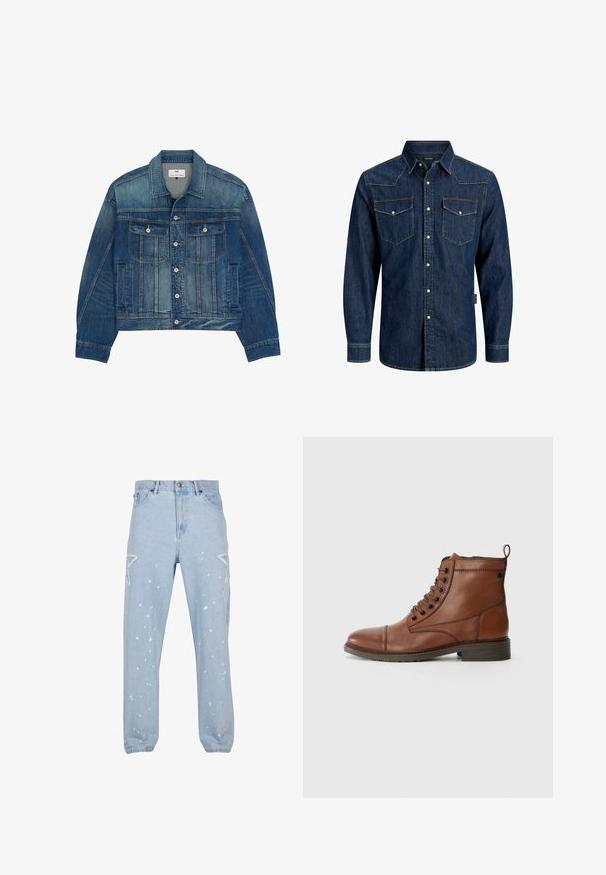 Blå denimjakke med knaplukning, to brystlommer med klap og knapper, sidelommer og spids krave.; Mørkeblå denimskjorte med lange ærmer, knaplukning, to brystlommer med knapper og en spids krave.; Lysblå denim jeans med en afslappet pasform, der har stjerneformede udsparinger, malersplatter og et klassisk fem-lomme-design.; Jack & Jones Lace-up Lace-up - Snørestøvletter - cognac