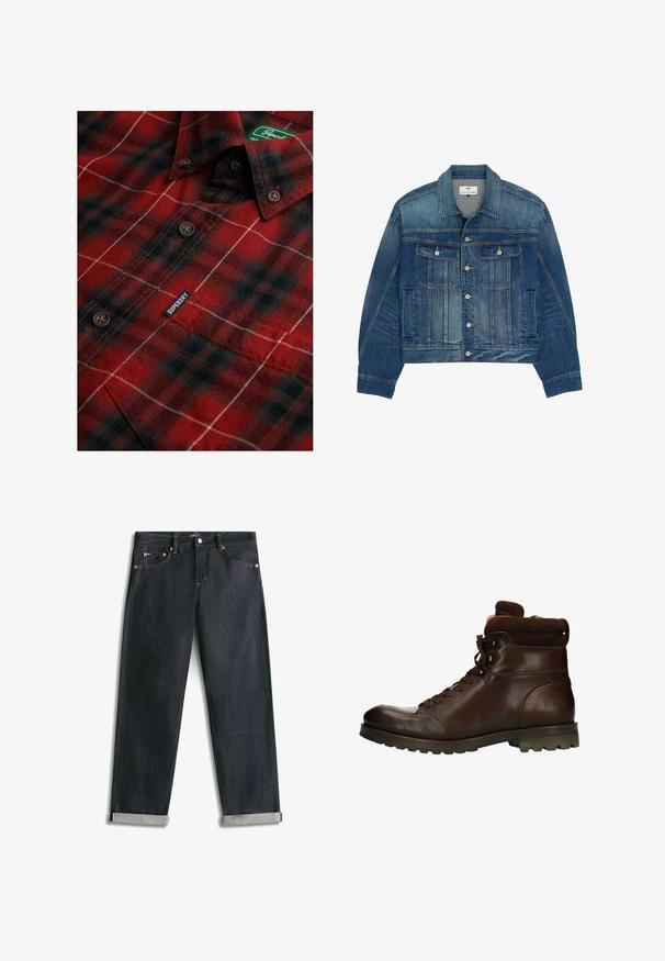 Veste en denim bleu avec fermeture par boutons, deux poches poitrine à rabat avec boutons, poches latérales et col pointu.; Chemise à carreaux rouge et noire avec boutons marron et une étiquette "Superdry" près de la poche poitrine et du col.; Jean en denim bleu foncé avec revers roulés, cinq poches et coutures contrastées, posé à plat sur un fond blanc.; Manfield MIT HOHEM SCHAFT - Bottines à lacets - brown