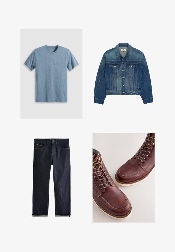 Blaue Denimjacke mit Knopfverschluss, zwei Patten-Brusttaschen mit Knöpfen, Seitentaschen und spitzem Kragen.; Blaues T-Shirt mit kurzen Ärmeln und Rundhalsausschnitt mit einer Brusttasche, die ein kleines rotes Etikett auf weißem Hintergrund trägt.; Dunkelblaue Jeans aus Denim mit umgeschlagenen Bündchen, Knopf- und Reißverschluss, Vorder- und Münztaschen und kontrastierenden Nähten vor weißem Hintergrund.; Braune Lederstiefel mit einer glatten Oberfläche, ausgestattet mit Metallösen, grauen Schnürsenkeln und einer cremefarbenen Gummisohle. Nahtdetail entlang der Kanten.