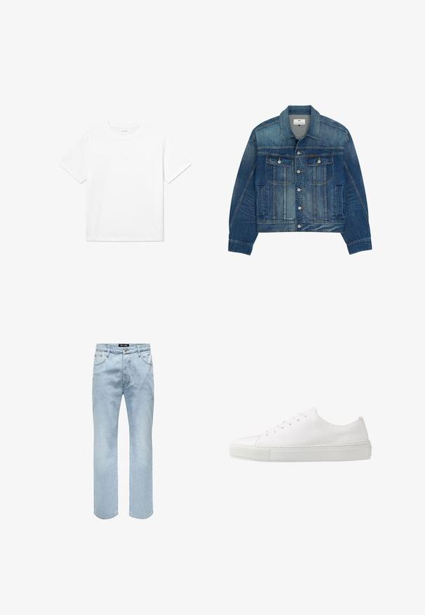 Blauwe spijkerjas met knoopsluiting, twee borstzakken met klep en knopen, steekzakken en een puntkraag.; Witte katoenen T-shirt met korte mouwen, een ronde halslijn en een rechte zoom. Glad textuur zonder zichtbare patronen of accenten.; Lichtblauwe spijkerbroek met een rechte snit, vijf zakken en een knoopsluiting. De stof heeft een gladde textuur met minimale vervaging.; Witte leren sneaker met een gladde afwerking, ronde neus en zes oogjes voor veters. Voorzien van een getextureerde rubberen zool en een minimalistisch ontwerp.