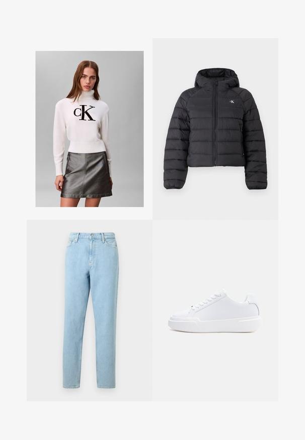 Calvin Klein Jeans LIGHTWEIGHT QUILTED JACKET PACKA - Chaqueta de entretiempo - black; Mujer joven con un suéter blanco de cuello alto con el logo negro de "CK" y una falda de cuero metálica gris oscuro, posando frente a un fondo liso.; Pantalones vaqueros de denim azul claro con un corte recto, diseño de cinco bolsillos y cierre de botones. Presentan un ligero desvanecimiento y una textura suave.; Zapatilla blanca de corte bajo con cierre de cordones, suela gruesa y parte superior lisa, mostrada desde el lado exterior sobre un fondo claro y sencillo.