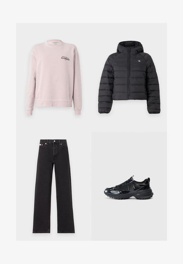 Calvin Klein Jeans LIGHTWEIGHT QUILTED JACKET PACKA - Jas - black; Lichtroze long-sleeve sweater met ronde hals, geribbelde manchetten en zwarte tekst "Infinite Summer ALLSAINTS London" op de linkerborst.; Zwarte wijde spijkerbroeken van denim, met een hoge taille, vijf-pocket stijl en een metalen knoopsluiting met contrasterende stiksels.; Zwarte glanzende sneakers met een gebogen bovenkant, een textuur rubberen zool en vetersluiting. Kenmerkt zich door branding aan de zijkant en een treklipje aan de achterkant.