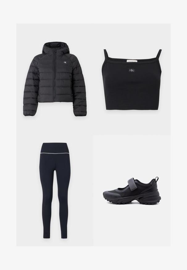 Calvin Klein Jeans LIGHTWEIGHT QUILTED JACKET PACKA - Übergangsjacke - black; Schwarzes, geripptes Crop-Top mit dünnen Trägern und einem kleinen Calvin Klein Logo-Patch mittig auf der Brust.; Marineblaue enganliegende Leggings aus dehnbarem Stoff, mit einem breiten Bund, der oben mit einem reflektierenden Besatz versehen ist, um die Sichtbarkeit zu erhöhen.; Schwarzer Sportschuh mit robust profilierter Sohle, verstellbarem Riemen über dem Spann und Zuglasche an der Ferse, seitlich auf weißem Hintergrund abgebildet.