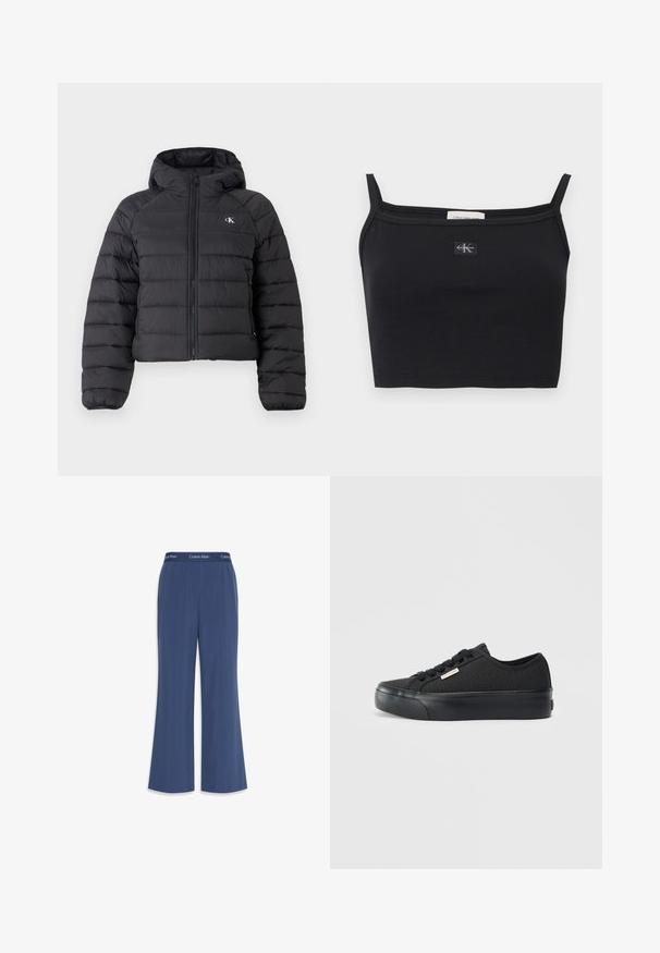 Calvin Klein Jeans LIGHTWEIGHT QUILTED JACKET PACKA - Übergangsjacke - black; Schwarzes, geripptes Crop-Top mit dünnen Trägern und einem kleinen Calvin Klein Logo-Patch mittig auf der Brust.; Marinefarbene weite Hosen aus weichem Stoff mit glatter Textur. Mit einem elastischen Bund, der mit dem "Calvin Klein"-Logo am oberen Rand versehen ist.; Schwarze Canvas-Sneaker im Low-Top-Design mit runder Zehenform, Schnürsenkeln, strukturiertem Obermaterial und Gummisohle, die an der Seite ein dezentes Markenetikett aufweist.