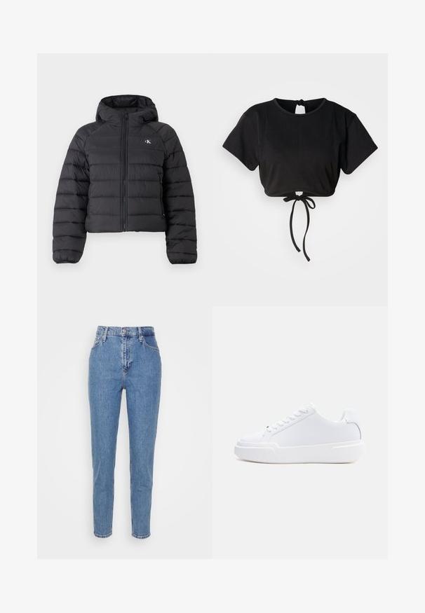 Calvin Klein Jeans LIGHTWEIGHT QUILTED JACKET PACKA - Chaqueta de entretiempo - black; Camiseta corta negra hecha de tejido suave, con mangas cortas, escote redondo y un detalle de lazo en la parte posterior para ajuste.; Jeans de tiro alto rectos de color azul con botón frontal y cremallera, trabillas para cinturón y bolsillos, exhibidos sobre un fondo blanco liso.; Zapatilla blanca de corte bajo con cierre de cordones, suela gruesa y parte superior lisa, mostrada desde el lado exterior sobre un fondo claro y sencillo.