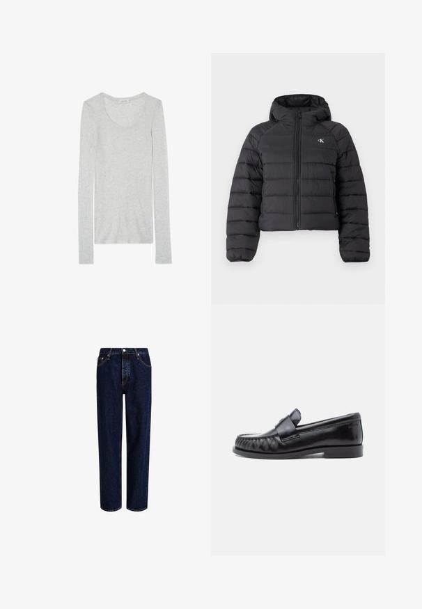 Calvin Klein Jeans LIGHTWEIGHT QUILTED JACKET PACKA - Übergangsjacke - black; Langärmliges, hellgraues T-Shirt aus weichem Stoff mit U-Boot-Ausschnitt und schmaler Passform. Hat eine minimale Textur und keine Muster.; Dunkelblaue Denim-Jeans mit geradem Bein, hoher Taille, fünf Taschen und kontrastierenden Nähten. Ohne Verzierungen.; Schwarze Leder-Loafer mit abgerundetem Zehenbereich, markanter Naht und einem dekorativen Riemen über dem Vorderblatt. Glatte Oberfläche und niedriger Absatz.