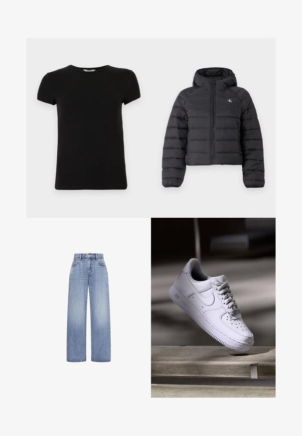 Calvin Klein Jeans LIGHTWEIGHT QUILTED JACKET PACKA - Jas - black; Zwart t-shirt met korte mouwen en ronde hals, gemaakt van soepel katoen, met een eenvoudig ontwerp en zonder zichtbare patronen of accenten.; Lichtblauwe high-waist wijde jeans met knoop- en ritsluiting aan de voorkant en vijfzakkenontwerp op witte achtergrond.; Witte Nike Air Force 1 sneaker die zweeft boven een betonnen oppervlak met schaduwen in een minimalistische setting.