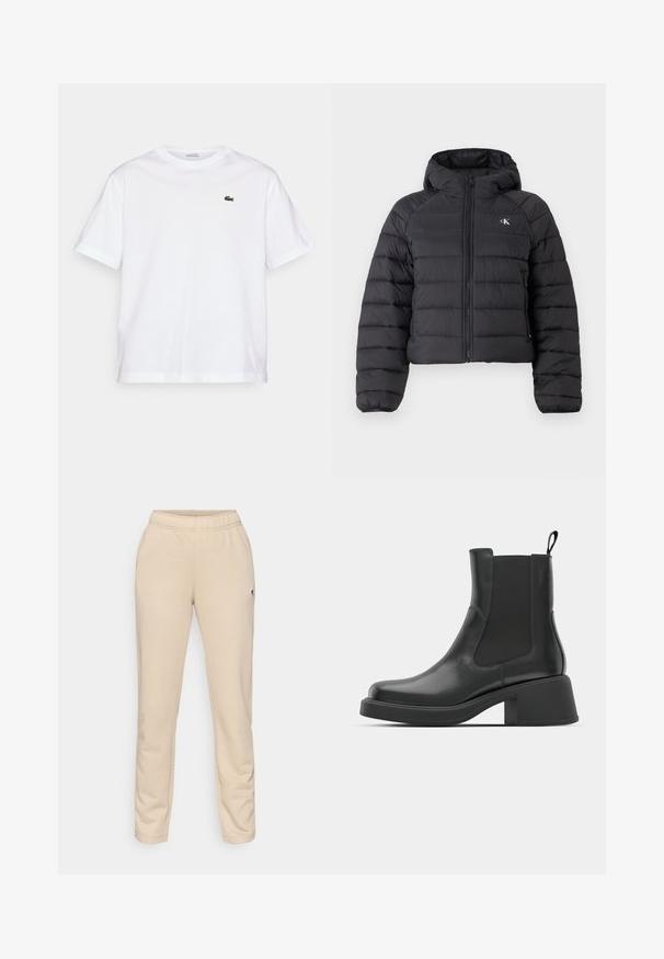 Calvin Klein Jeans LIGHTWEIGHT QUILTED JACKET PACKA - Chaqueta de entretiempo - black; Camiseta de algodón blanca con cuello redondo y mangas cortas. Presenta un logotipo bordado en verde en el pecho. Tejido suave, corte relajado.; Pantalones deportivos beige hechos de tela suave, con una cintura elástica y un pequeño parche con logo en el muslo izquierdo. Ajuste slim con piernas cónicas.; Botas de cuero negro hasta el tobillo con paneles laterales elásticos, punta redondeada y un tacón grueso. Textura suave con un diseño minimalista.