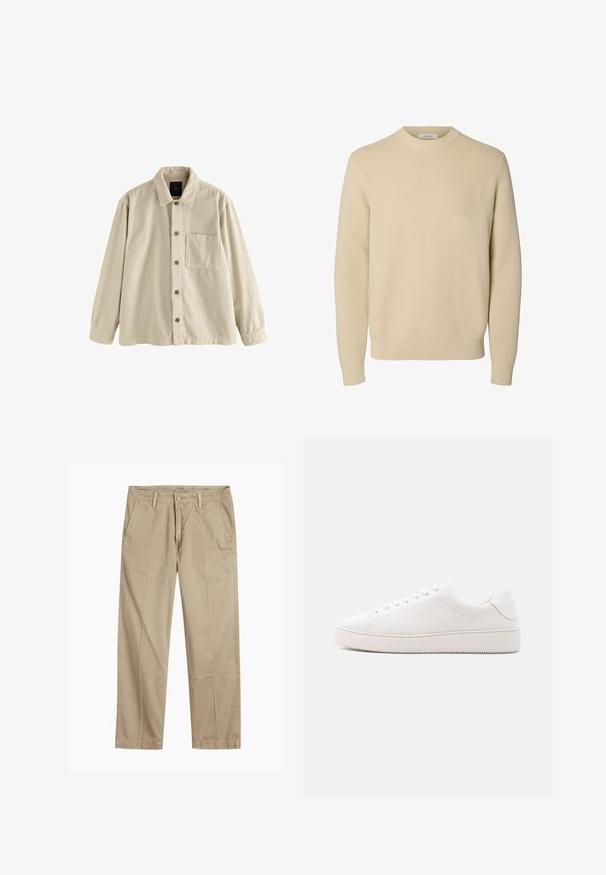 Beige corduroy-paitatakki pitkillä hihoilla, kauluksella ja vasemmalla puolella yksi rintatasku.; Yksinkertainen beige pyöreäkauluksinen neulepaita, jossa pitkät hihat ja resorireunukset hihoissa ja helmassa.; Beige suorat lahkeet chinosit vyölenkkeillä, etupainike- ja vetskarikiinnitys sekä viistot etutaskut.; Valkoinen nahkainen lenkkari, jossa on sileä viimeistely, pyöreä kärki, kuuden reiän nauhoitus ja kuvioitu kumipohja. Minimalistinen muotoilu ilman kuvioita.