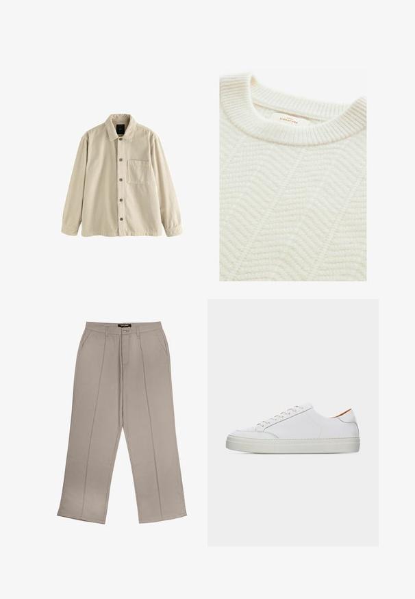 Camisa de pana beige, de manga larga, con cuello y un bolsillo en el pecho en el lado izquierdo.; Suéter de punto color crema con cuello redondo acanalado, con un patrón texturizado de espiga y una etiqueta que dice "NEXT SIGNATURE."; Pantalones de pierna ancha beige, confeccionados en tela, que cuentan con bolsillos frontales, cremallera y dos líneas de costura vertical en cada pierna.; Zapatilla blanca de piel de perfil bajo con cordones en la parte delantera, suela gruesa y detalles mínimos de costura sobre un fondo claro y liso.