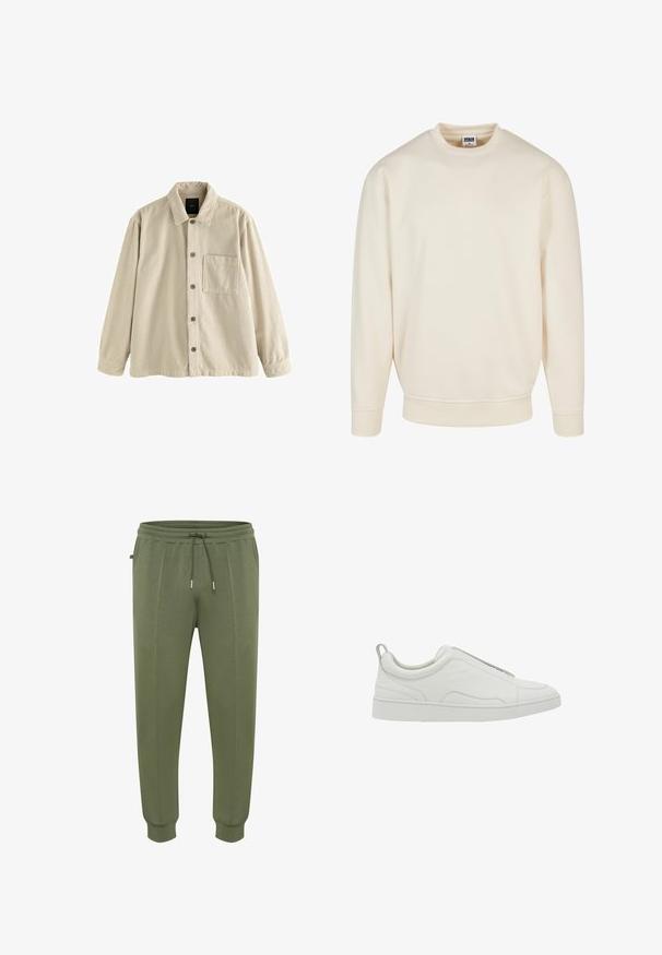 Beige fløjl skjorte med knaplukning, lange ærmer, krave og en enkelt brystlomme på venstre side.; Cremefarvet sweatshirt med ribbet halsudskæring og manchetter. Har en afslappet pasform, blød tekstur og ingen synlige mønstre eller grafik.; Joggingbukser i olivengrøn lavet af blødt stof, med snøre i taljen, sidelommer og ribbestrikkede manchetter for en tæt pasform.; Hvid lavtop sneaker med slip-on design, polstret krave og trækstrop ved hælen, med en tyk gummisål og glat læderoverdel.