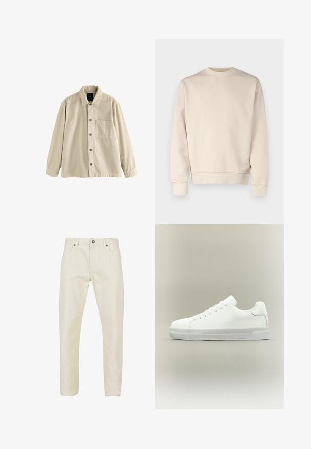 Beige Cordura-Hemd mit langen Ärmeln, Kragen und einer einzelnen Brusttasche auf der linken Seite.; Hellbeiges Sweatshirt mit rundem Ausschnitt, gerippten Bündchen und Saum. Hergestellt aus weichem Stoff mit glatter Textur. Minimalistisches Design, keine Muster.; Beige Baumwollhose mit glatter Textur, geradem Schnitt, fünf Taschen Design und metallenem Knopfverschluss an der Taille.; Weißer Sneaker in niedriger Schnittform mit Schnürung vorne, gepolstertem Kragen und strukturiertem Gummisohle, seitlich auf neutralem Hintergrund dargestellt.