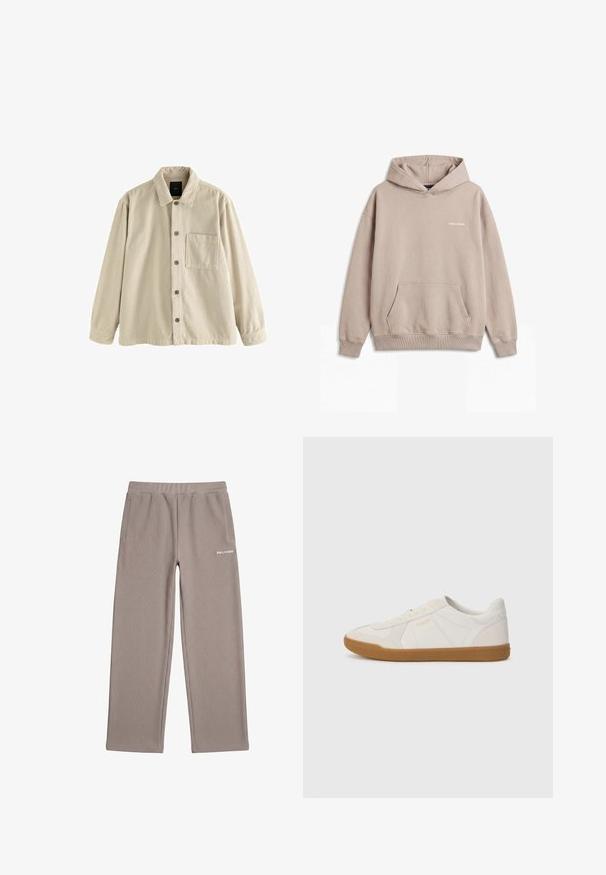 Camisa de pana beige, de manga larga, con cuello y un bolsillo en el pecho en el lado izquierdo.; Sudadera con capucha beige con bolsillo frontal tipo canguro y pequeño logo blanco "PEGADOR" en el pecho, puños y dobladillo acanalados.; Pantalones de punto acanalado color topo con cintura elástica, bolsillos laterales, piernas anchas y logo blanco "PEGADOR" en la cadera derecha.; Zapatilla blanca hecha de cuero suave con suela de goma, con costuras sencillas y un pequeño logo dorado en el lado.