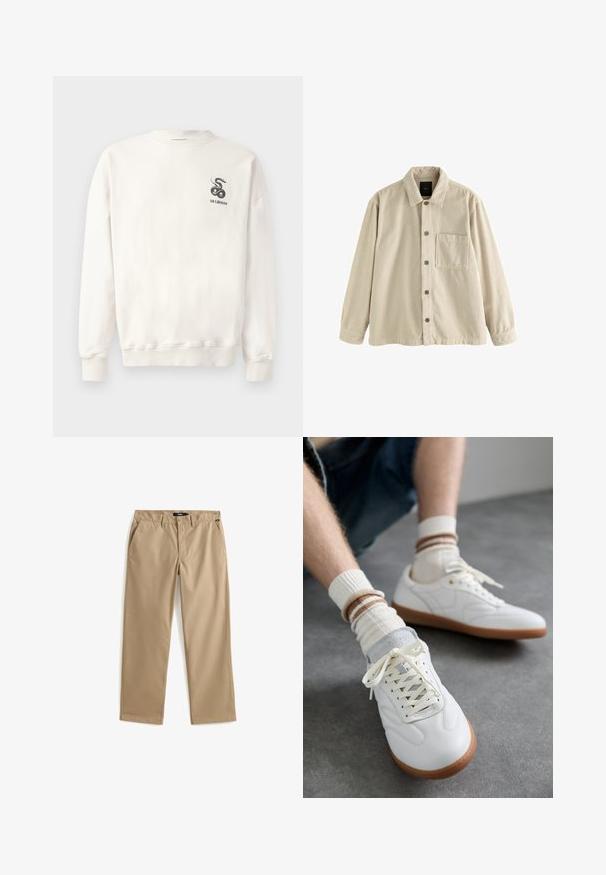 Camisa de pana beige, de manga larga, con cuello y un bolsillo en el pecho en el lado izquierdo.; Sudadera blanca de algodón con cuello redondo, puños y dobladillo acanalados, que presenta un gráfico de serpiente negra y el texto "HAN KJØBENHAVN" en el pecho.; Pantalones chinos beige de pierna recta hechos de tela de algodón ligera. Presentan dos bolsillos delanteros y cierre de botón. Textura suave, detalles mínimos.; Zapatillas de cuero blanco con una textura suave, detalles en gamuza gris, suelas de goma beige y cordones planos. Combinadas con calcetines a rayas en tonos crema y marrón.