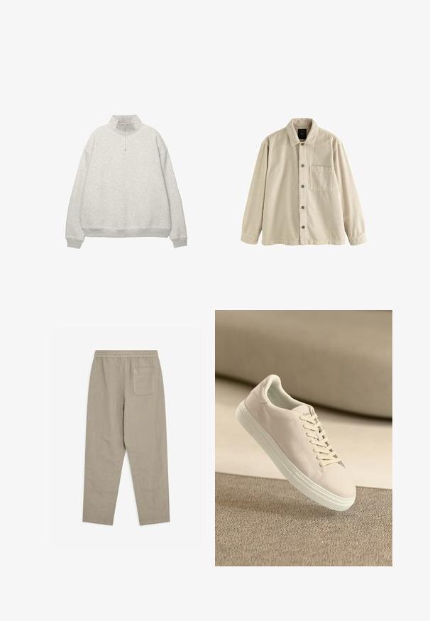 Chemise en velours côtelé beige à boutons, avec des manches longues, un col et une poche sur le côté gauche.; Sweatshirt gris clair avec un col montant et une fermeture zippée à mi-hauteur. Présente des épaules tombantes et des poignets et un ourlet côtelés. Texture douce.; Pantalon beige clair en lin avec une ceinture élastique, coupe droite, et une poche plaquée à l'arrière. Texture lisse, style décontracté.; Baskets en suède beige avec semelle et lacets blancs, présentées en suspension au-dessus d'un tapis beige texturé sur fond beige doux.