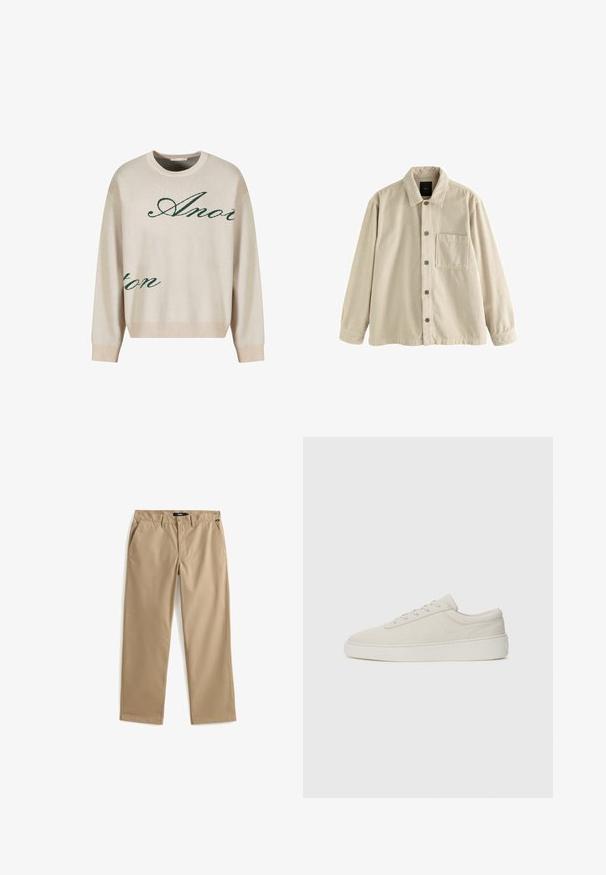Chemise en velours côtelé beige à boutons, avec des manches longues, un col et une poche sur le côté gauche.; Pull en tricot beige avec du texte en cursive verte. Encolure et poignets côtelés, coupe décontractée, avec une texture douce.; Pantalon chino beige à coupe droite en tissu de coton léger. Comprend deux poches avant et une fermeture à bouton. Texture lisse, détails minimalistes.; Baskets beiges avec une finition en daim lisse, bout rond et semelle en caoutchouc plate. Présentent un système de laçage et un design minimaliste avec des coutures discrètes.