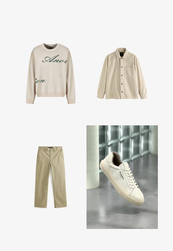 Camisa de pana beige, de manga larga, con cuello y un bolsillo en el pecho en el lado izquierdo.; Jersey de punto beige con texto verde en cursiva. Cuello y puños acanalados, corte relajado, con una textura suave.; Chinos de algodón beige con un diseño de pierna recta, que cuentan con dos bolsillos frontales y un cierre de botón clásico. Textura suave, acentos mínimos.; Zapatilla de lona blanca con suela y cordones beige, logo "AllSaints London" a un lado, flotando sobre un suelo gris pulido cerca de bloques de cristal.