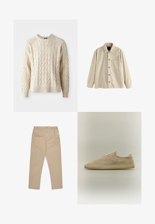 Beige Cordura-Hemd mit langen Ärmeln, Kragen und einer einzelnen Brusttasche auf der linken Seite.; Cremfarbener Kabelstrickpullover mit Rundhalsausschnitt, strukturiertem Muster und gerippten Bündchen und Saum. Hergestellt aus weicher, dicker Wolle.; Khakihosen aus leichtem Material, mit geradem Bein, Knopfverschluss und Seitentaschen. Glatte Textur mit minimaler Verzierung.; Beiger Wildleder-Sneaker mit niedrigem Schaft, beiger Gummisohle, Schnürverschluss und dezentem „C.P. Company“-Branding an der Seite.