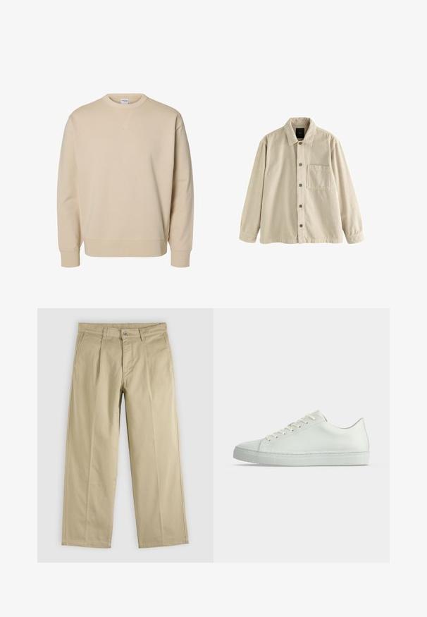Camisa de pana beige, de manga larga, con cuello y un bolsillo en el pecho en el lado izquierdo.; Sudadera beige con cuello redondo, mangas largas, puños y bajo acanalados, y un pequeño detalle en forma de V cosido debajo del cuello.; Pantalones beige de pierna recta con pliegues frontales, trabillas para cinturón, bolsillos laterales y cierre de botón en la cintura.; Zapatilla blanca de caña baja con cordones, parte superior de cuero liso y suela de goma plana, mostrada de lado sobre un fondo liso.