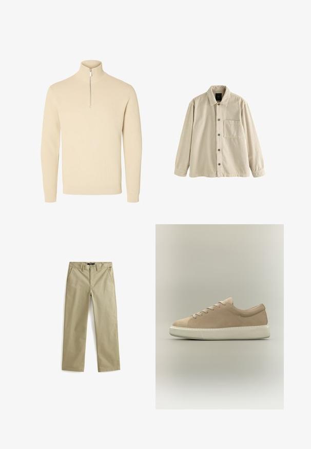 Chemise en velours côtelé beige à boutons, avec des manches longues, un col et une poche sur le côté gauche.; Pull beige en maille avec un col montant côtelé et une courte fermeture éclair à l'avant, avec des manches longues et des poignets et un bas côtelés.; Chinos en coton beige avec une coupe droite, dotés de deux poches avant et d'une fermeture à bouton classique. Texture lisse, accents minimalistes.; Baskets basses en daim beige avec laçage à l'avant et semelle épaisse en caoutchouc blanc sur fond neutre.