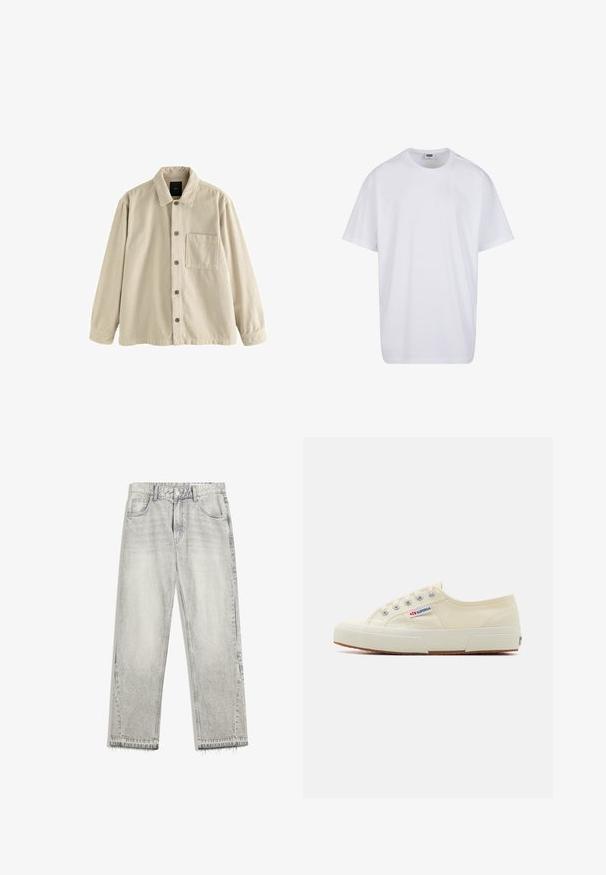 Beige fløjl skjorte med knaplukning, lange ærmer, krave og en enkelt brystlomme på venstre side.; Hvid, kortærmet bomulds-T-shirt med rund hals og synligt størrelses- og mærkelabel inde i kraven.; Lys grå denimjeans med en let falmet finish, lige pasform, fem-lomme design og flosset søm. Flad taljebånd med bælteløkker.; Beige lærredssneaker med et lavprofildesign, metaløjet og gummisål. Har et tekstureret mønster og logodetalje på siden.