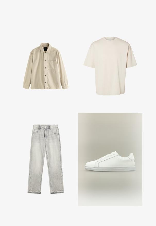 Beige fløjl skjorte med knaplukning, lange ærmer, krave og en enkelt brystlomme på venstre side.; Simpel beige kortærmet oversize bomuld t-shirt med rund halsudskæring, vist fladt på hvid baggrund.; Lys grå denimjeans med en let falmet finish, lige pasform, fem-lomme design og flosset søm. Flad taljebånd med bælteløkker.; Lavtop hvid sneaker med snørelukning foran og tekstureret gummisål mod en ensartet neutral baggrund.