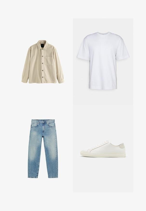 Beige fløjl skjorte med knaplukning, lange ærmer, krave og en enkelt brystlomme på venstre side.; Filippa K HEAVY CREW NECK TEE - T-shirts basic - white; Blå straight-leg denim jeans med forlommer og bæltestropper, der viser let falmede detaljer på lår og knæ.; Hvide lædersneakers med en glat overflade, rund tå og minimalistisk design. Funktioner i beige nuancer på hælen og en gummisål.