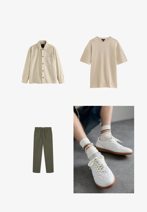 Beige Cordura-Hemd mit langen Ärmeln, Kragen und einer einzelnen Brusttasche auf der linken Seite.; Beige geripptes Strick-T-Shirt mit kurzen Ärmeln, Rundhalsausschnitt und lockerem Sitz, vor weißem Hintergrund dargestellt.; Olivgrüne Hose mit elastischem Bund, Kordelzug und seitlichen Taschen. Der Stoff hat eine glatte, leichte Textur.; Weiße Ledersneaker mit glatter Textur, grauen Wildlederelementen, beigen Gummisohlen und flachen Schnürsenkeln. Kombiniert mit cremefarbenen und braun gestreiften Socken.