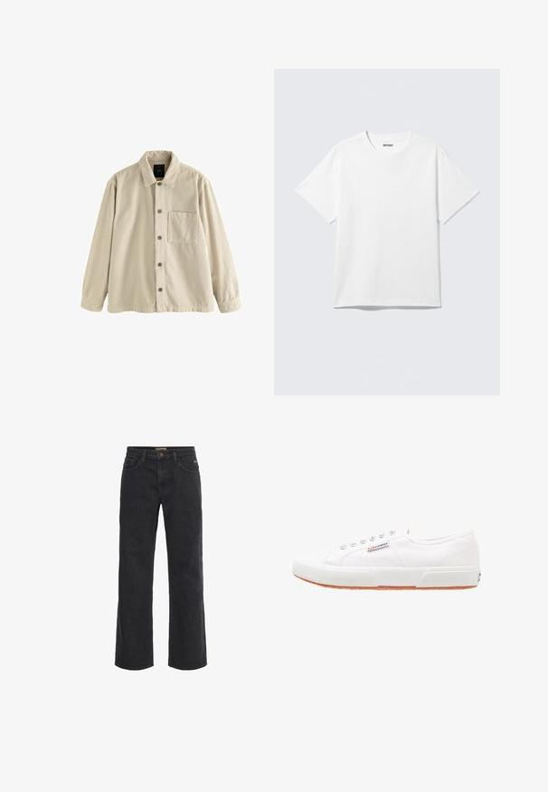 Beige fløjl skjorte med knaplukning, lange ærmer, krave og en enkelt brystlomme på venstre side.; Hvid kortærmet crewneck T-shirt lagt fladt ud, ensfarvet design, med "WEEKDAY" mærkat inde i kraven på en lys baggrund.; Sorte denim bukser med vid ben, knaplukning, fem lommer og en let slidt tekstur. Lige snit fra talje til søm.; Hvide kanvas sneakers med gummisål, snørebåndsdesign og et lille logo mærke på siden. Tekstureret hvid overdel og brun ydersål.