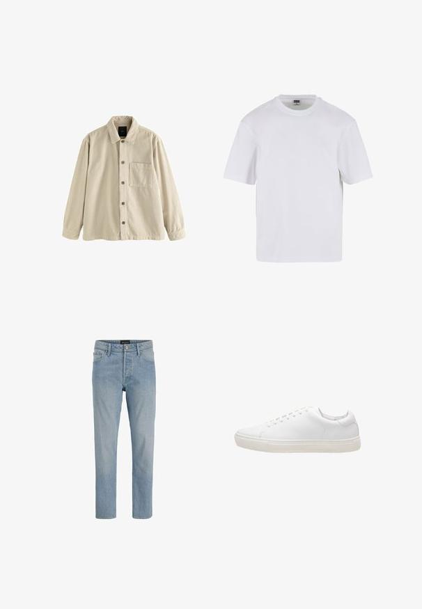Beige Cordura-Hemd mit langen Ärmeln, Kragen und einer einzelnen Brusttasche auf der linken Seite.; Weißes T-Shirt mit kurzen Ärmeln aus Baumwolle. Besitzt einen Rundhalsausschnitt und eine lockere Passform. Glatte Textur, minimalistisches Design, ohne Muster oder Akzente.; Hellblaue Denim-Jeans mit geradem Schnitt, fünf Taschen, Knopfverschluss und einem leicht ausgewaschenen Finish.; Weiße Leder-Sneaker mit glatter Textur, runder Zehenpartie, Schnürverschluss und flacher Gummisohle. Minimalistisches Design ohne sichtbare Muster.