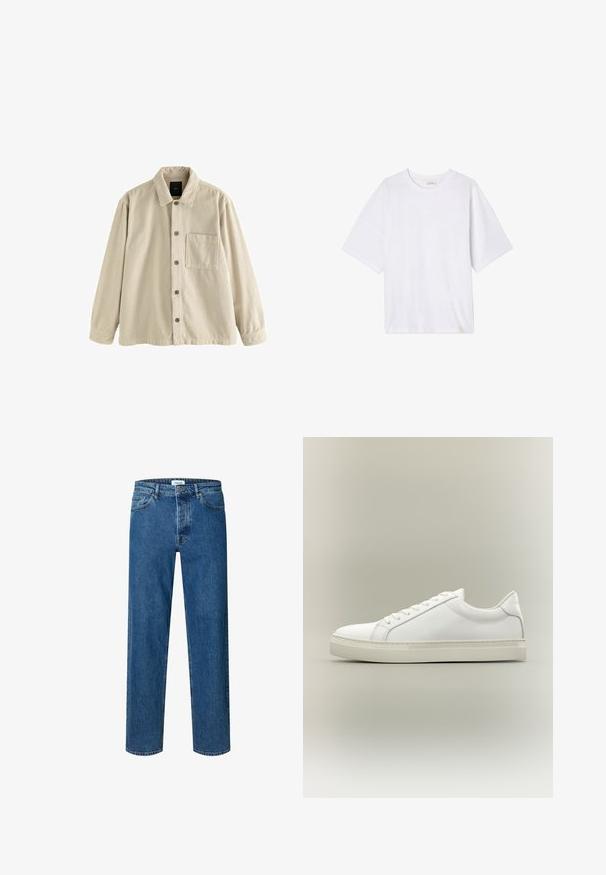 Camisa de pana beige, de manga larga, con cuello y un bolsillo en el pecho en el lado izquierdo.; Camiseta blanca de manga corta hecha de tejido suave. Presenta un escote redondo y un corte relajado con un dobladillo recto. Sin patrones ni hardware.; Vaqueros azul de corte recto con cierre de botón y cremallera, trabillas para el cinturón y diseño de cinco bolsillos.; Zapatilla blanca de perfil bajo con cordones en la parte delantera y suela gruesa, mostrada de lado sobre un fondo neutro.